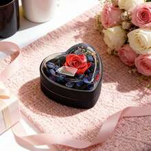 1个心形永生花首饰盒 - 派对礼物，时尚便携，高端翻盖收纳盒，送给她的礼物，生日、情人节、新年、复活节、母亲节礼物，用于收纳耳环、戒指、项链