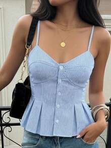 1 buc Top camisol pentru femei cu decolteu în V, design cu tiv plisat, potrivit pentru ținute casual, ieșiri cu prietenii, ședință foto la modă, cămașă camisol plisată cu dungi și nasturi în față, potrivită pentru casual, plajă, întâlniri de seară, toate anotimpurile - Bleu - Vizualizare 5