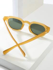 1 pieza Gafas decorativas minimalistas de moda de alta calidad con montura redonda retro unisex - Marco amarillo con parche verde - Ver 3