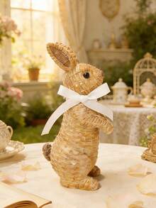 1pc Rabbit Figurine With White Ribbon - Farmhouse Style Easter Spring Home Decor, Cute Rabbit Tabletop Ornament, Suitable For Living Room, Bookshelf, Fireplace, Ideal Gift For Rabbit Lovers And Housewarming - Multicolor - View 5