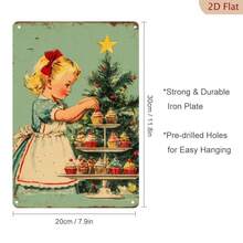 2D Flat Retro Style Metal Tin Sign, 1 Piece - Large 12x8 Inch Medieval Modern Style Christmas Wall Decoration, Includes Plaid Dress Girl And Mint Green/Red Festive Cupcake - High Quality - View 7