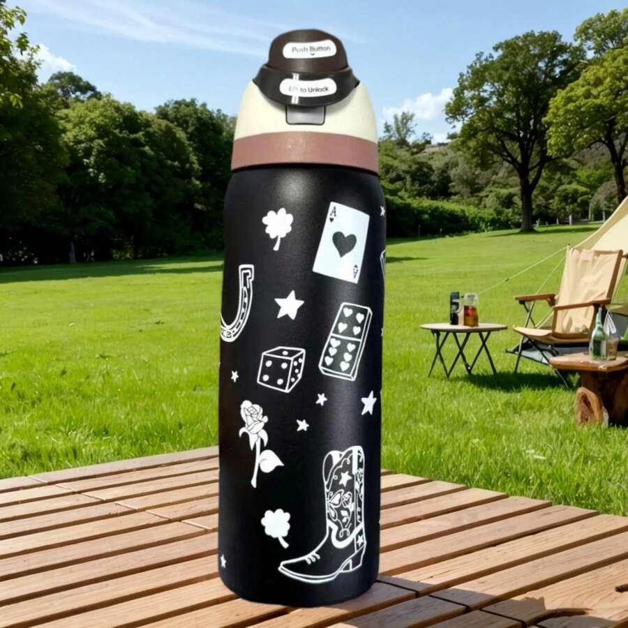 32oz Printed Insulated Water Bottles Features A Variety Of Eye-Catching Designs, Including Colorful Floral And Cartoon Patterns. The Portable Handle Fits Into Car Cup Holders, And The Large 32-Ounce Capacity Is Enough To Meet Your Hydration Needs Throughout The Day. It's A Stylish And Practical Drinking Companion For Commuting, The Office, Outdoor Camping, And Road Trips. - 咖色 - 查看 1