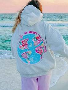 1 PcsWinter Clothes For WomenWomen Y2K Realistic Effect Print Oversized Hoodie Teen Girls Preppy Long Sleeve Loose Fit Hooded Sweatshirt Pullover Top Spring Fall Winter Cute Hooded Sweater Casual Hoodies Hawaii Beach Coastal Tops StreetwearStreetwearLoose And Comfortablehoodie Christmas Sweatshirt - 灰色 - 查看 2