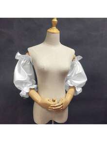 1 Pair White Short Satin Puff Sleeve Bridal Arm Warmers With Elastic - Multicolor - View 5
