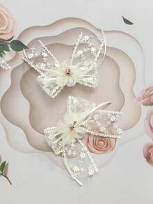 2pcs Flower Lace Bow Hair Clips Set, Suitable For Soft Girl & Elegant Style - Beige - View 5