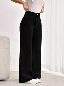 Womens Jeans, Women's Wear In Y2K Style Solid Color Wash Blue High-Waisted Jeans, Loose Diagonal Pocket Zipper Button Open And Close Jeans,  Women's Jeans And Clothing, Jeans>Pants, Suitable For All Seasons, With Multiple Pocket Designs, Religion>Clothes, Suitable For Outdoor Outfits, Cocktail Parties, Parties, Christmas, Nightclubs, Banquets, Film Festivals, Cinemas, Balls, Cocktail Parties, Bars, Weddings Graduation Ceremony, Homecoming, Birthday Party, Rebellious Girl, Holiday-Themed Party, Out Dress, Streetwear, Fashion Show, Date, Valentine 's Day, Out Work University, School Village, Concert, Street Girl, Girl, Country Outfits Women, Out Best Women, Ladies' Holiday Clothing, Country Concert Country Concert Outfit,New Years Outfit Women - 黑色 - 查看 3