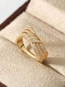 1pc Minimalist Vintage Woven Knot Design Gold-Plated Ring With Cubic Zirconia, Suitable For Wedding, Engagement, Daily Wear, Gift For Girlfriend, Family, Ramadan Celebration, Eid Al-Fitr Gift - Knot - View 8