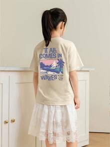 Camiseta de manga corta con cuello redondo y estampado casual para niñas preadolescentes y estudiantes, top de verano - Albaricoque - Ver 2
