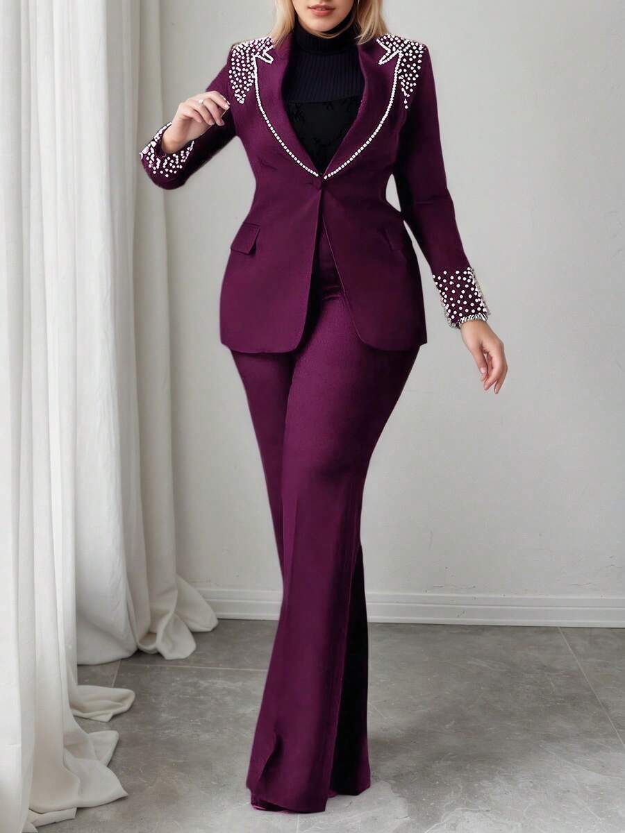 New Women's Elegant Pearl-Beaded Suit Set, Featuring A Long-Sleeved Lapel Blazer And Slim-Fit Stretch Trousers. - 酒紅色 - 查看 1