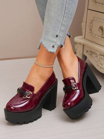 Zapatos de tacón alto con plataforma y suela gruesa de estilo punk para mujer, elegantes tacones altos burdeos tipo slip-on, adecuados para fiestas, salidas, citas navideñas y otras ocasiones