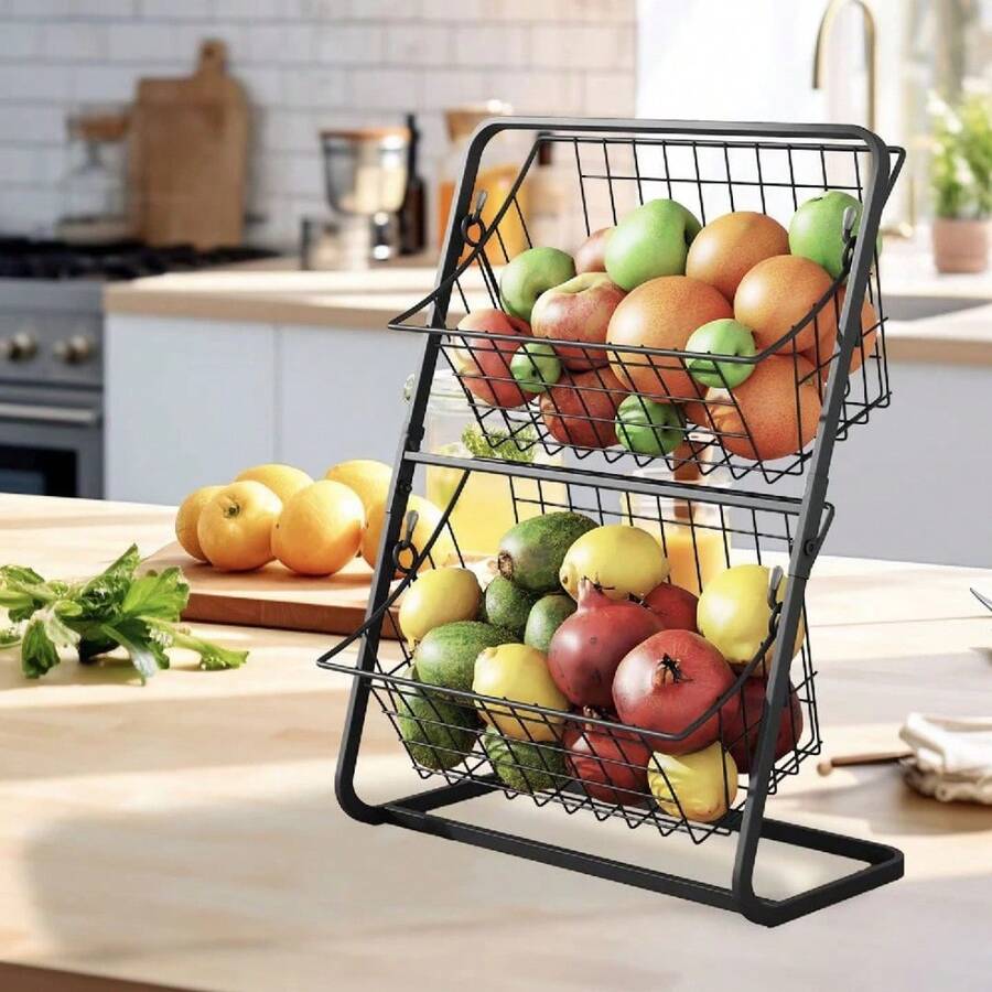 Estante Organizador de Cocina de Metal de Doble Capa con Cestas Extraíbles, Organizador de Encimera para Frutas y Verduras, Soporte para Condimentos, Cesta de Almacenamiento Multifuncional para Cocina y Baño - Negro - Ver 1