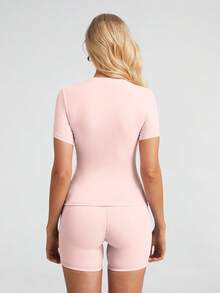 6pecil 女士纯色T恤，适合瑜伽、健身房锻炼、夏季瑜伽服、户外运动服，修身舒适，适合各种体型 - 淺粉色 - 查看 7