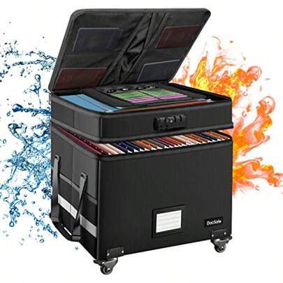 Fireproof Document Box With Lock2-Layer File Box With Wheels Collapsible File Storage Organizer With Pockets Large Portable Home Filing Cabinet For Hanging Folders Black 16''x13.8''x12.2''