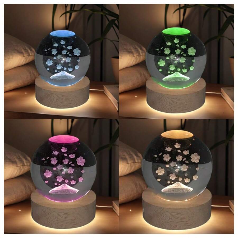 3D雕刻鲸鱼瀑布与小熊水晶球夜灯，星空桌面摆件，复活节及节日礼物，带木质底座的发光装饰品，送给闺蜜/女友的生日礼物，创意节日氛围夜灯 - 彩色 - 查看 1