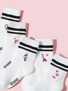 Disney 1/5双装迪士尼女孩/儿童设计运动双横条纹中筒袜，个性化卡通爱心米妮米奇/黛丝唐老鸭图案装饰，多功能透气吸湿中筒袜，简约休闲精致柔软亲肤学院风蕾丝袜，适合日常穿着、校园活动、派对、休闲活动，多种组合可选 - 彩色 - 查看 4