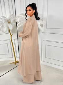 AIJ Amarilo Ladies' Longline Coat And Wide-Leg Pants Two Pieces Set - Casual, Elegant & Romantic Style, Solid Color Design, Suitable For Daily Wear And Holiday Trips - Khaki - View 2