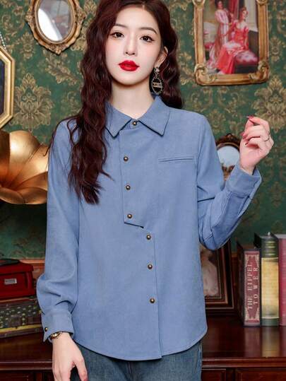Chinese Style Polo Collar Blouse - French Vintage Flannel Shirt, Long Sleeve Distressed Texture Top For Women Spring Autumn