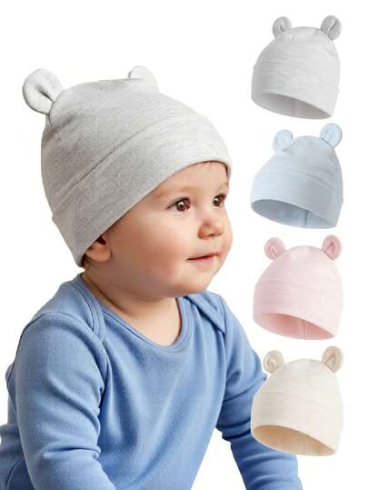 1pc Cute Bear Ear Baby Beanie Hat, Solid Color Double Layer Soft Infant Brimless Cap, Suitable For Spring, Summer, Autumn, 4-15 Months Newborn Baby Boys And Girls Head Protection