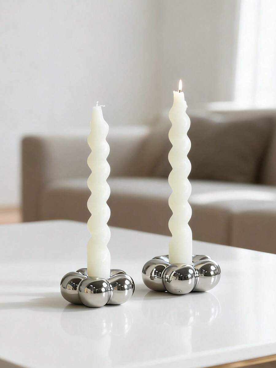 1pc Luxury Modern Gold & Silver Ceramic Candle Holder, Minimalist Decor For Living Room, Bedroom, Tabletop, Wedding Decoration - Flower Shape Gold and Silver Candlestick - View 1