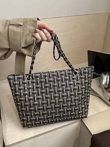 Bolsa Tote de Grande Capacidade para Mulheres, Nova Bolsa Versátil Casual, Bolsa de Ombro Xadrez de Moda Coreana para Transporte, Bolsa de Grande Capacidade Europeia e Americana no Exterior, Nova Bolsa Ins 2026, Bolsa Tote Texturizada Xadrez para Transporte - Preto - Visão 2