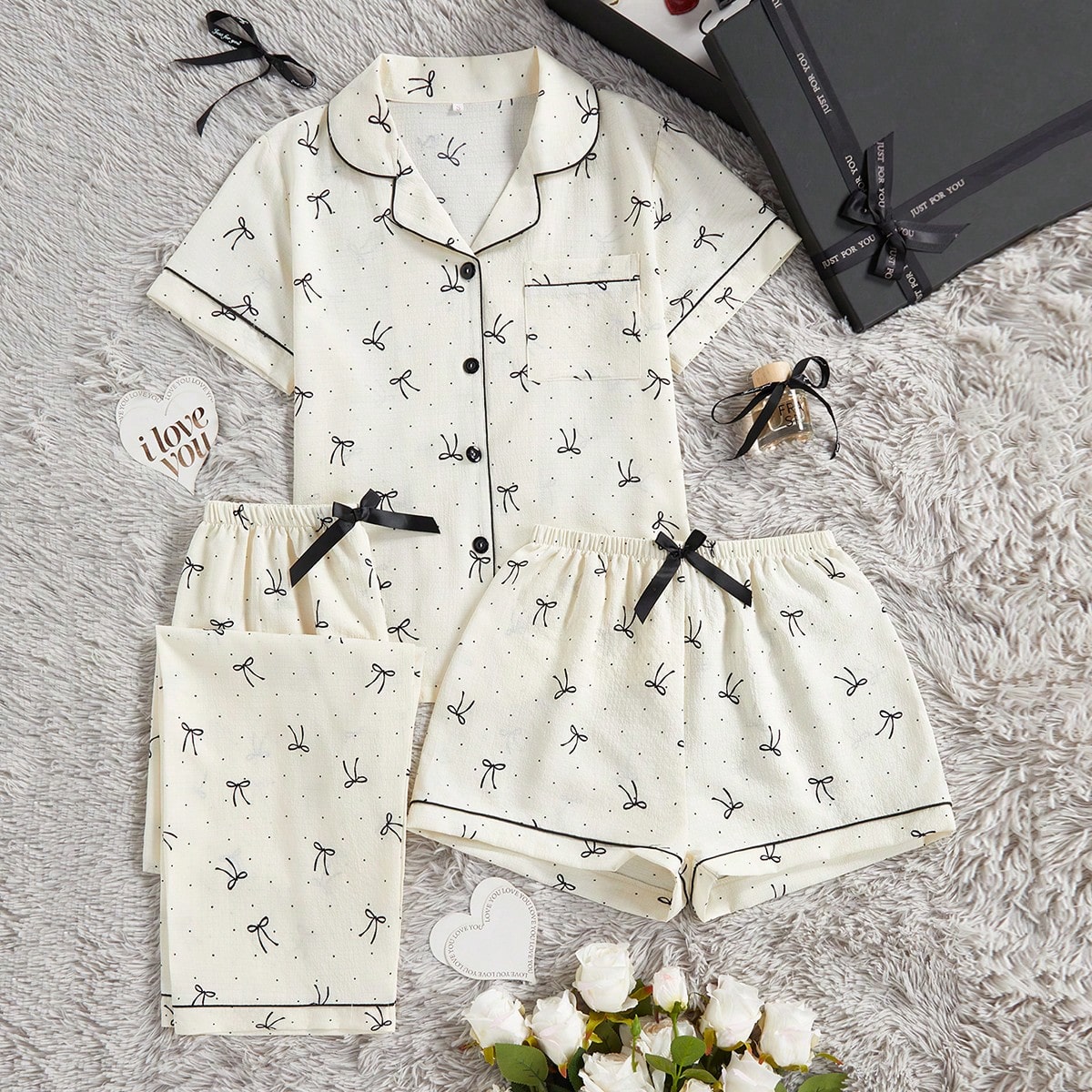 Conjunto de pijama de 3 piezas con top de manga corta con bolsillo, estampado de lunares y lazo, y pantalones/shorts casuales y sueltos para mujer, pr