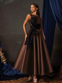 Smilprince 女士优雅蝴蝶结装饰长款晚礼服，高端正式礼服，适合盛大婚礼派对 - 棕色 - 查看 6