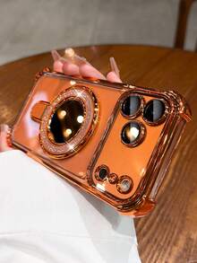 奢华电镀闪粉透明支架手机壳，兼容 17 Pro Max、17 Pro、17、16 Pro Max、16 Pro、16、16、15 Pro Max、15 Pro Max、15 Pro、15 Pro Max、14 Pro、13 Pro Max、12 Pro Max、11，时尚电镀透明摄像头保护后盖 - 橘色 - 查看 6