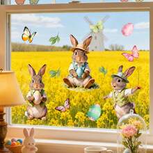 1张可爱兔子抱彩蛋窗贴，包含蝴蝶和花朵图案，可移除PVC自粘贴纸，适合春季复活节卧室、客厅、阳台和橱窗装饰。 - 彩色 - 查看 1