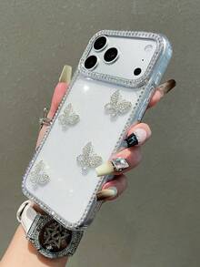 1pc Shiny Transparent Pink Butterfly Decor Full Coverage Phone Case, Compatible With IPhone 17/17 Air/17 Pro/17 Pro Max/16 15, 16 Pro Max; Luxury Phone Case, Compatible With IPhone 13, 14, 12 Pro Max, 11; Shock-Absorbing TPU Protective Cover, Waterproof, Anti-Fall, Anti-Scratch - Clear - View 5