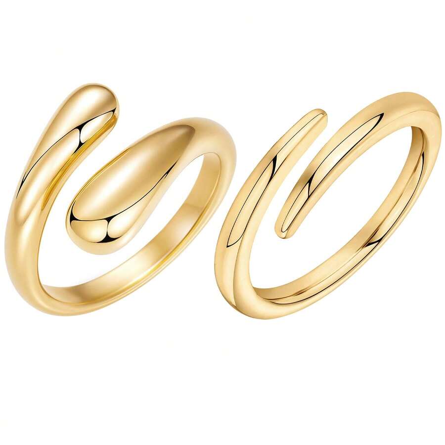 2 chiếc nhẫn thép không gỉ hình giọt nước tối giản, có thể điều chỉnh kích thước, phù hợp để đeo hàng ngày cho nữ. - Vàng-2 - Xem 1