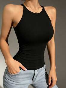 Top sin mangas de cuello halter acanalado negro para mujer - Tela suave y ajustada, uso casual versátil para primavera y verano - Negro - Ver 4