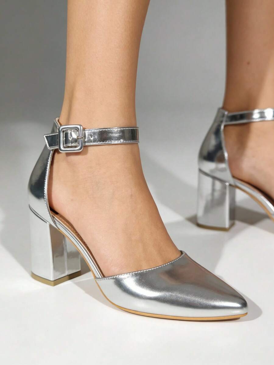 Pumps With Belt In Synthetic Leather With Low Thick Heel Very Comfortable Heel 5.5cm Stylish High Heels - Silver - View 1