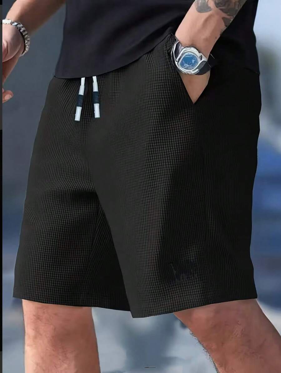 Men's Casual Textured Shorts With Drawstring Belt, Lightweight Polyester Fabric, With Pocket – Ideal For Casual Wear, Beach, Or Outdoor Activities - 黑色 - 查看 1