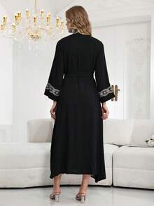 2026新款优雅银色刺绣阿拉伯女式长裙流苏两件套，时尚优雅 - 黑色 - 查看 12