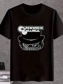 Men's Black Casual Graphic T-Shirt With Mechanical Orange Top Hat & Clockwork Orange Text Print - Streetwear Style Round Neck Tee, Machine Washable, Unique Gift For Men, Urban Clothing, Statement Shirt, Highquality Tee, Stylish Tee, Fashion Enthusiasts - Black - View 1