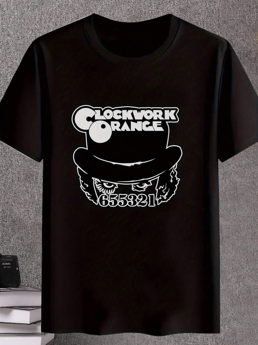 Men's Black Casual Graphic T-Shirt With Mechanical Orange Top Hat & Clockwork Orange Text Print - Streetwear Style Round Neck Tee, Machine Washable, Unique Gift For Men, Urban Clothing, Statement Shirt, Highquality Tee, Stylish Tee, Fashion Enthusiasts - Black - View 1