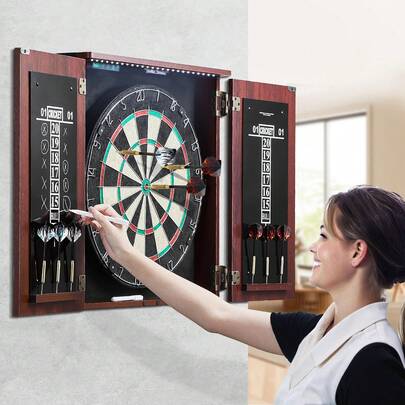 Dartboard y gabinete conjunto, listo para jugar paquete oficial tamaño Dartboard gabinete, Punta de acero Dart Hideaway gabinete, Características led luz, Fácil montaje, Completo con todo el accesorio, para el juego de cricket