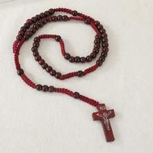 Wood Bead Rosary Necklace 1-Piece - Handmade Adjustable Cross Pendant, Natural Spiritual Jewelry For Men & Women - 黑色 - 查看 2