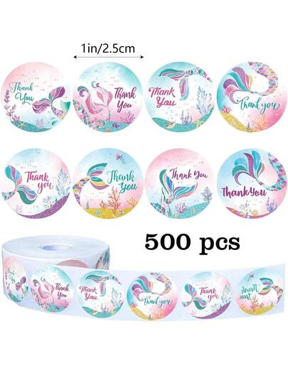 500 piezas/Rollo Pegatinas de Gracias con Tema de Sirena, Pegatinas Redondas de 1 Pulgada con Estampado de Cola de Sirena y Coral, Decoración DIY para Tarjetas de Regalo, Sobres y Fiestas, Suministros de Pegatinas de PVC para Scrapbooking, Pegatinas Divertidas