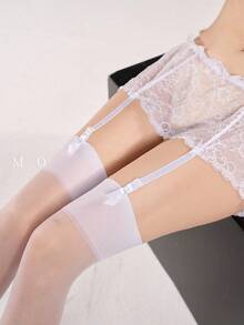 1 Paar schicke Spitzen-Schleifen Oberschenkel-Hohe: Sexy Strümpfe für den Übergang vom Büro zum Club - Weiss - Übersicht 2