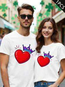 T-shirt Partner à imprimé couronne et cœur, automne, matière premium, col rond, coupe décontractée, confortable, casual, neuf - FemmeBlanc-1PC - Voir 1