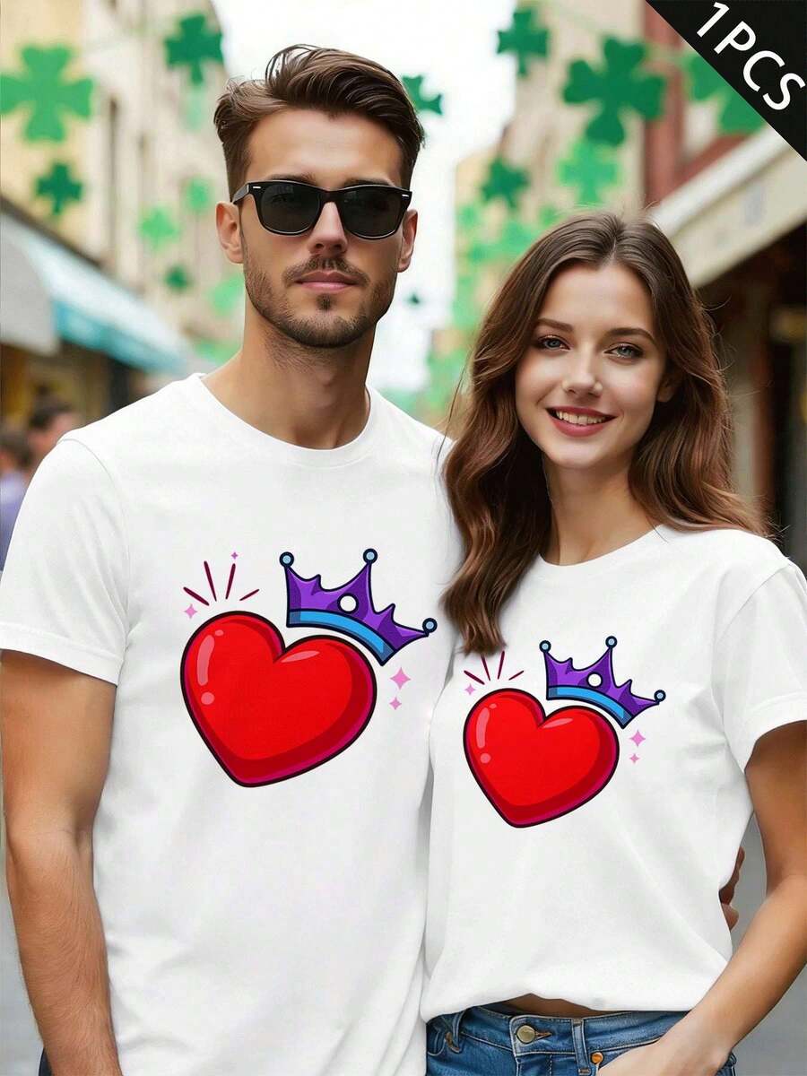 T-shirt Partner à imprimé couronne et cœur, automne, matière premium, col rond, coupe décontractée, confortable, casual, neuf - FemmeBlanc-1PC - Voir 1