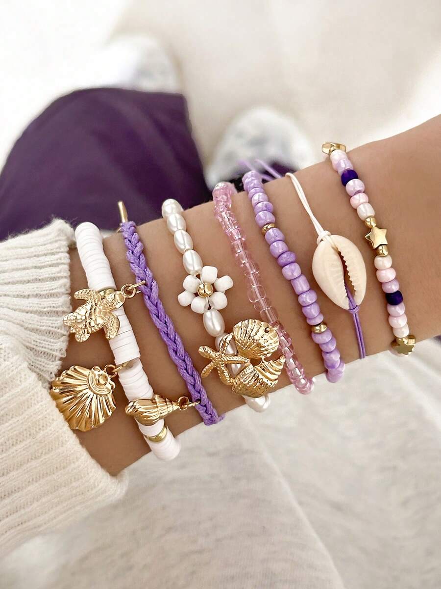 7件套ins风海星贝壳串珠手链套装，珍珠编织弹力可调节手链，女士款 - 金色 - 查看 1
