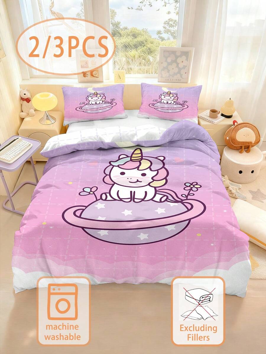 2/3件套卡通独角兽主题床上用品套装，100%涤纶材质（1个双面被套+2个单面枕套），3D印花卡通图案，适合装饰儿童卧室、幼儿园午睡室或男孩房，也可作为生日或节日礼物。尺寸：90*200/135*200/140*210厘米。包含1个枕套（不含枕芯）。 - 彩色 - 查看 1