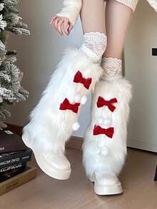 1双日式毛绒腿套，可爱白色女士腿套 - 白色 - 查看 9