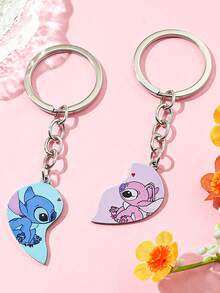2个/套 卡通可爱莉萝与史迪奇不锈钢钥匙扣，卡哇伊心形情侣钥匙扣，适合日常佩戴或作为礼物，情人节礼物 - 彩色 - 查看 3