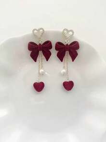 1 Pair Classic European & American Style Fashion Red Heart Bow Tassel Earrings, Flocked Lining, Luxurious Design, Retro Earrings