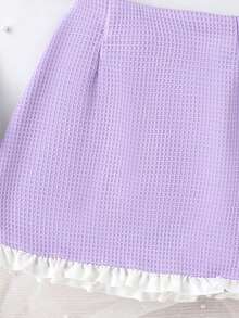 2pcs Young Girls Elegant Peter Pan Collar Lace Trim Short Sleeve Jacket And A-Line Skirt Set - Mauve Purple - View 5