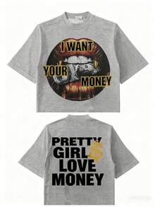 Fly "I Want Your Money" Hip-Hop Flow T-Shirt% Pure Cotton Double-Sided Printed T-Shirt, Suitable For Men And Women, The Best Gift For Summer Casual Short Sleeved T-Shirt-Premium Cotton Graphic Printed Round Neck T-Shirts-Unisex Loose - Fit Comfortable Vintage Street - Style Cotton T - Shirt Top - 灰色 - 查看 10