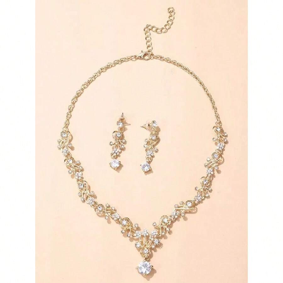 Rhinestone Decor Drop Earrings & Necklace - 黃金 - 查看 1